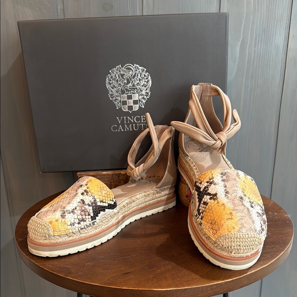 Vince Camuto Yellow and Tan Espadrille Sandals with Ankle Wrap